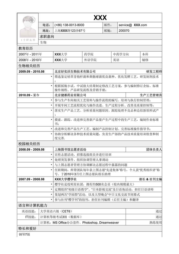 “2021年应聘生物类岗位简历模板2DOC”第1页图片