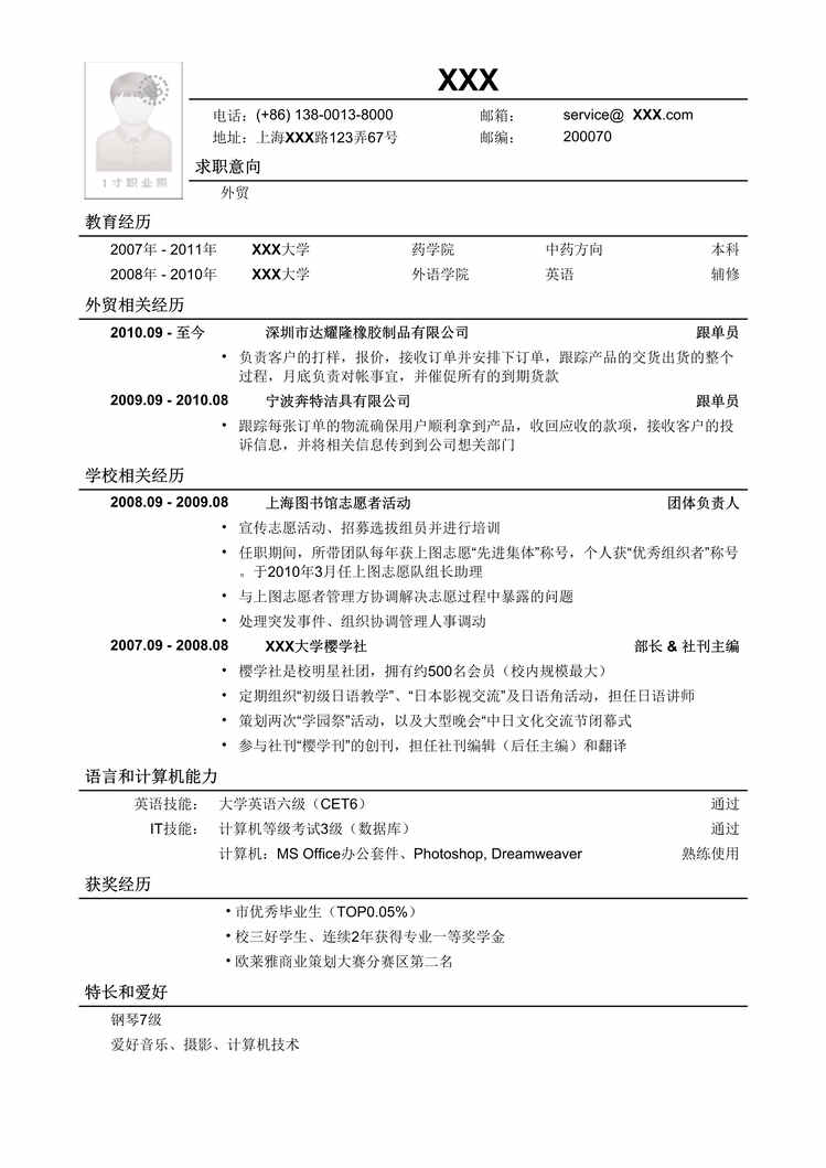 “2021年应聘外贸岗位简历模板1DOC”第1页图片