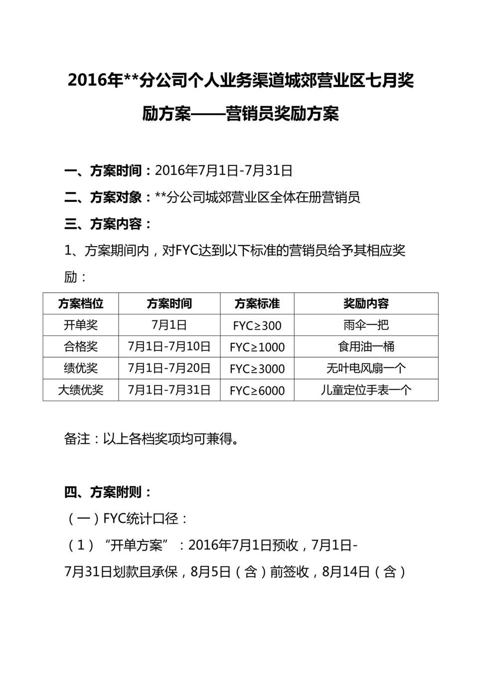 “最新分公司个人业务渠道城郊营业区七月奖励方案营销员奖励方案3页DOC”第1页图片