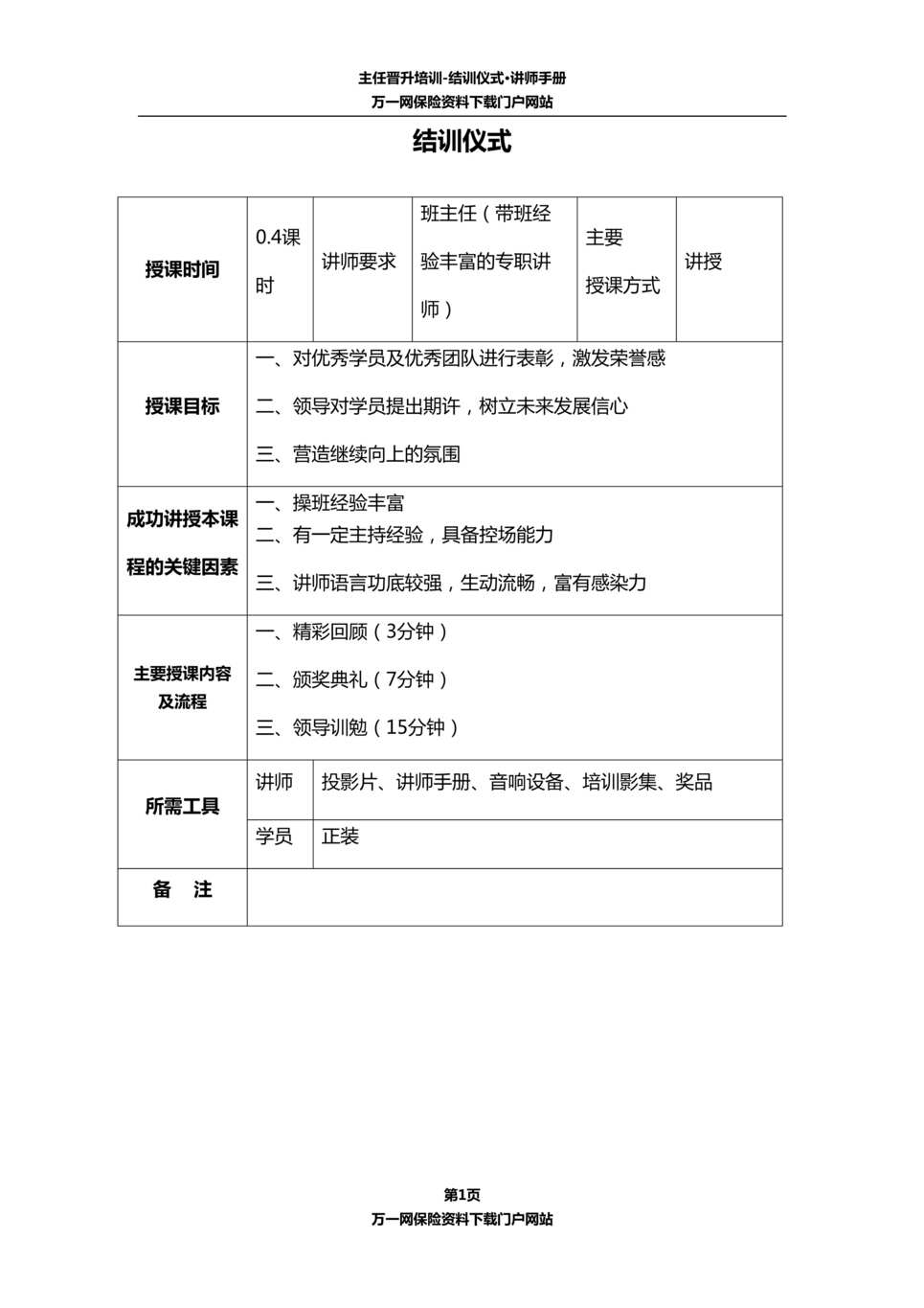 “保险公司主任晋升班班务七结训仪式含讲师手册6页”第1页图片