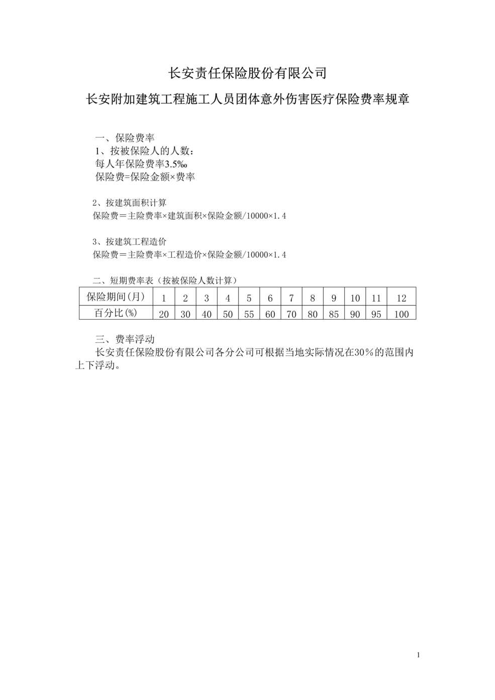 “长安附加建筑工程施工人员团体意外伤害医疗保险条款费率DOC”第1页图片