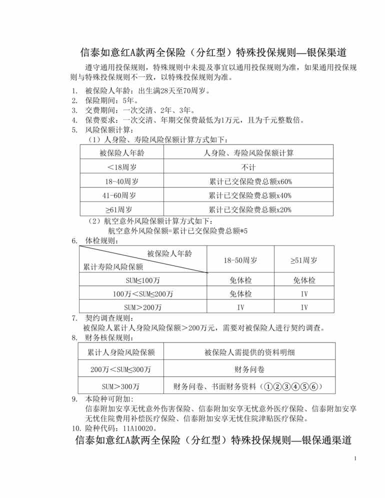 “信泰如意红A款两全保险(分红型)特殊投保规则_银保、银保通渠道DOC”第1页图片