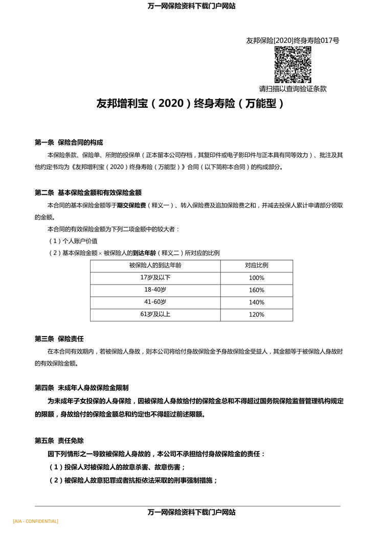 “友邦人寿增利宝2020终身寿险万能型条款DOC”第1页图片