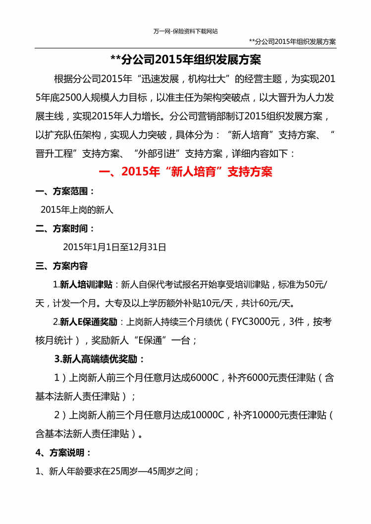 “省公司2015年组织发展新人培育及晋升方案4页DOC”第1页图片