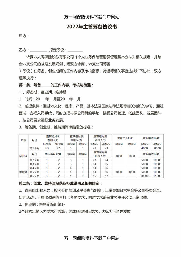 “2022年主管筹备协议书2页DOC”第1页图片