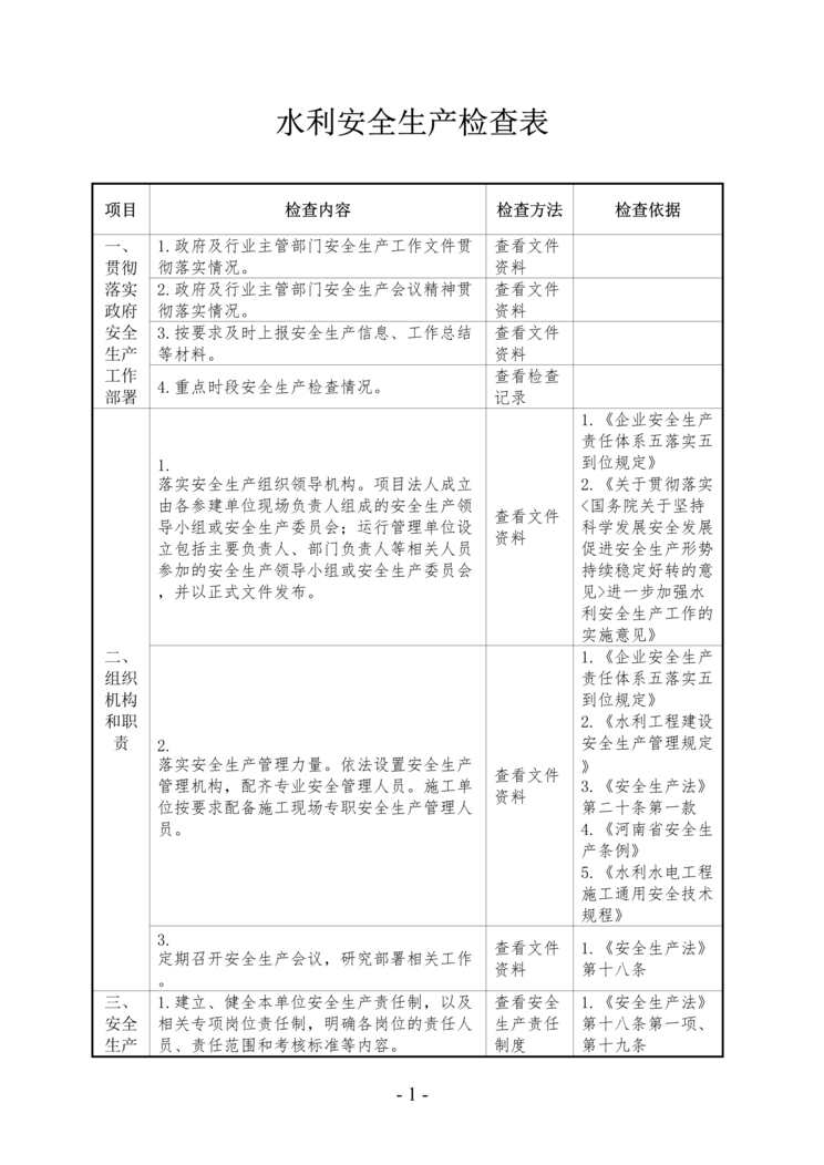 “双体系之水利安全生产检查表DOC”第1页图片