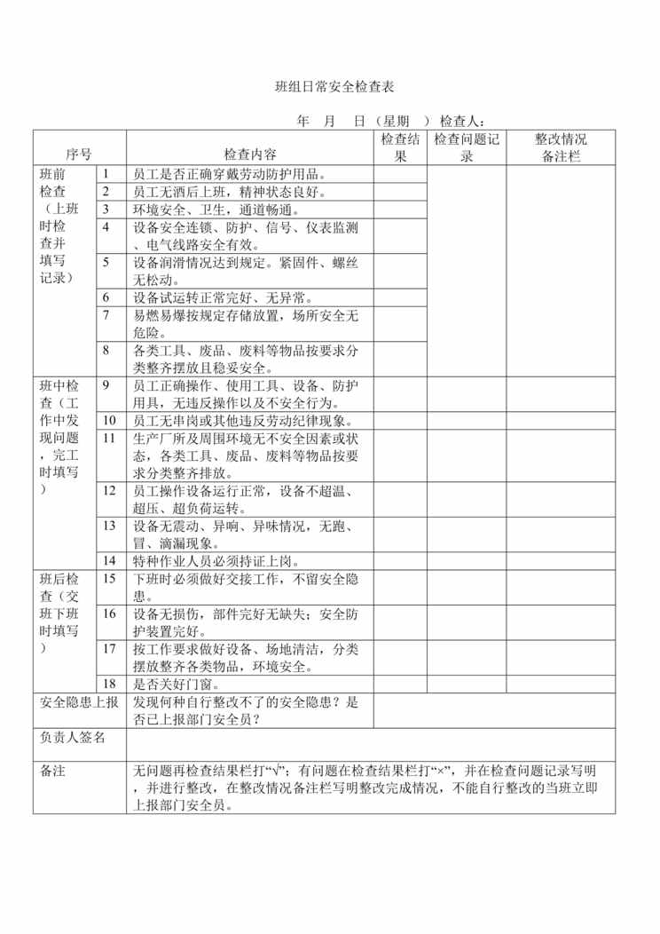 “双体系之班组日常安全检查表DOC”第1页图片