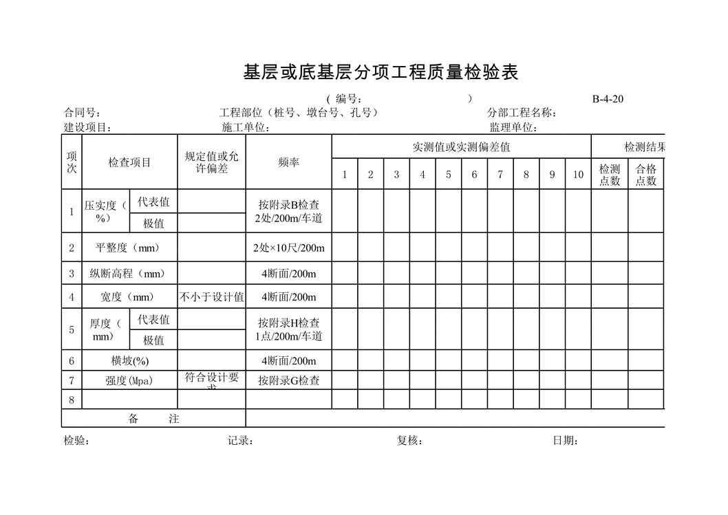 “公路桥梁基层或底基层分项工程质量检验表XLS”第1页图片