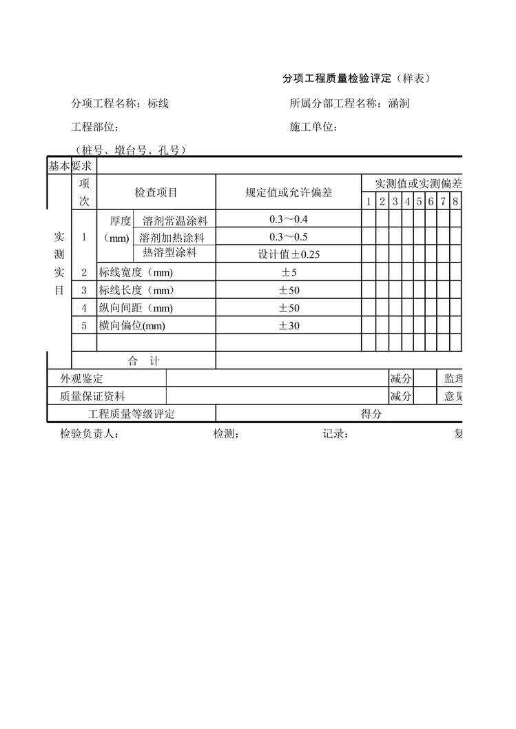 “公路桥梁分项工程质量检验评定(样表)标线XLS”第1页图片