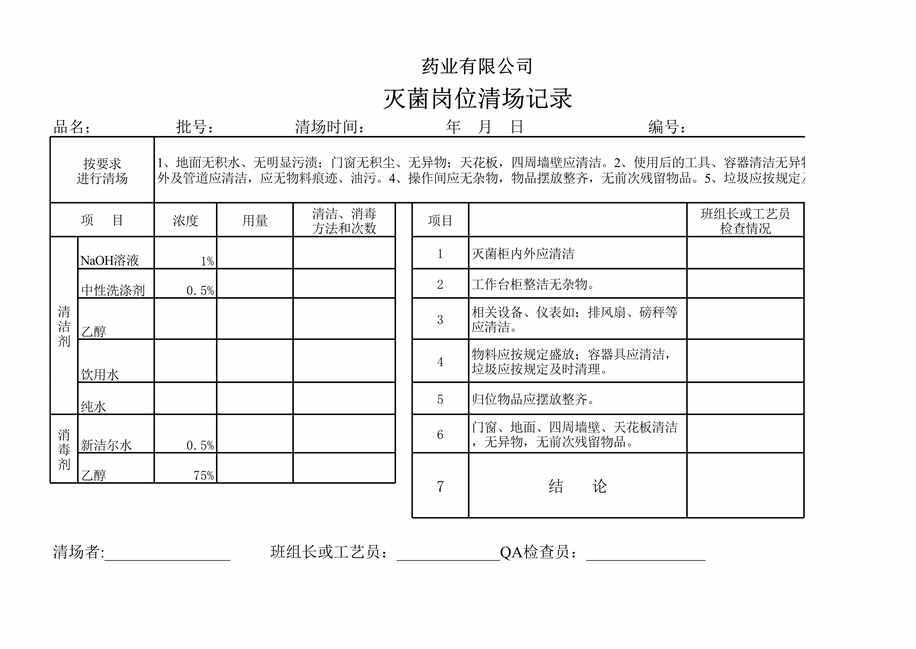 “生物制药厂GMP质量记录之提取岗位清场记录XLS”第1页图片