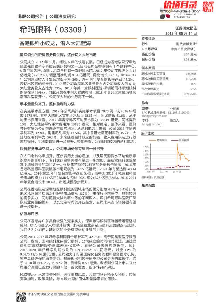 “201805_希玛眼科_香港眼科小蛟龙，潜入大陆蓝海【16页】PDF”第1页图片