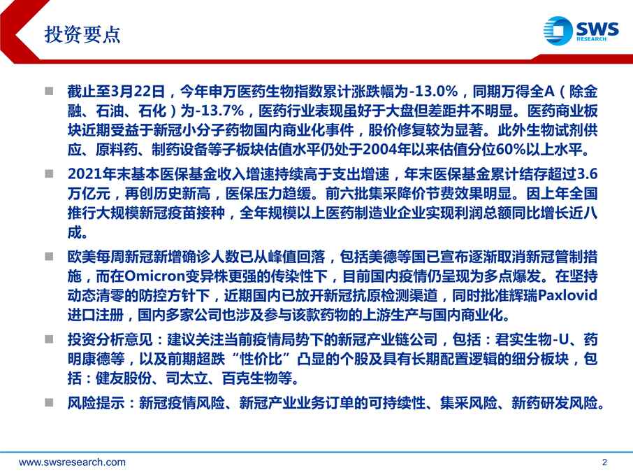 “医药生物欧亿·体育（中国）有限公司2022年春季投资策略：震荡行情中把握疫情带来的“新”机会PDF”第2页图片