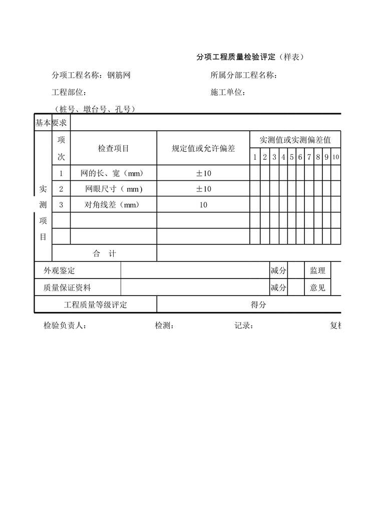 “公路桥梁分项工程质量检验评定(样表)钢筋网XLS”第1页图片