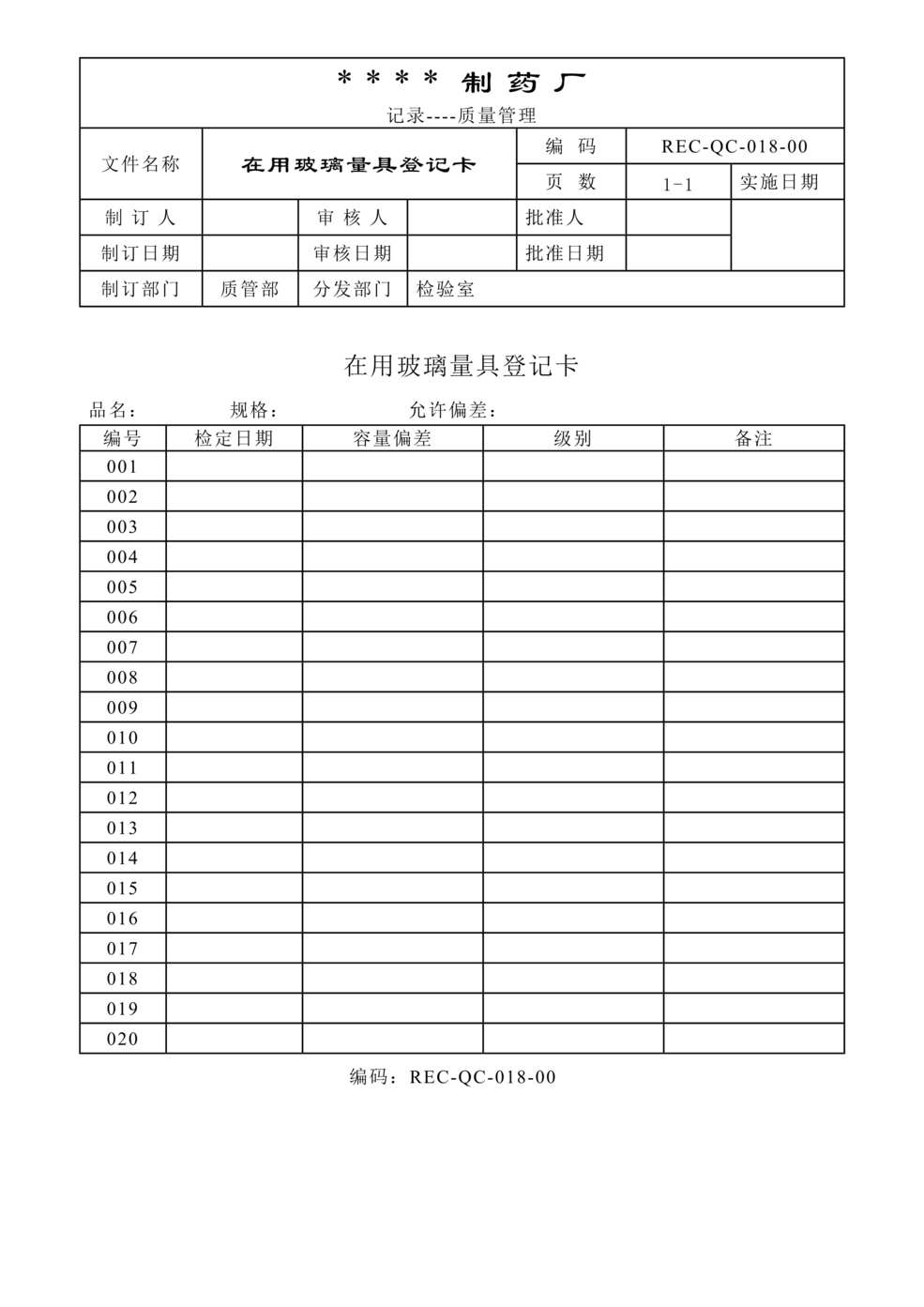 “生物制药公司(制药厂)在用玻璃量具登记表DOC”第1页图片