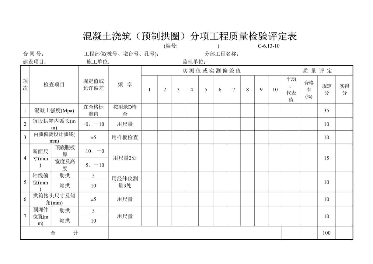 “公路桥梁混凝土浇筑(预制拱圈)评定表DOC”第1页图片