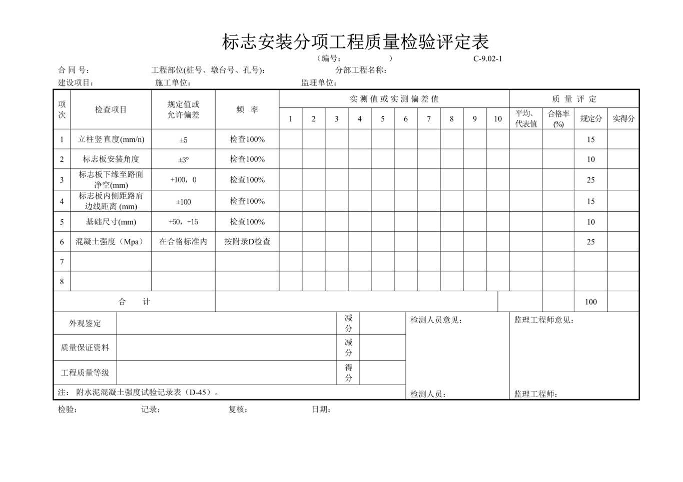 “公路桥梁标志安装分项工程质量检验评定表DOC”第1页图片