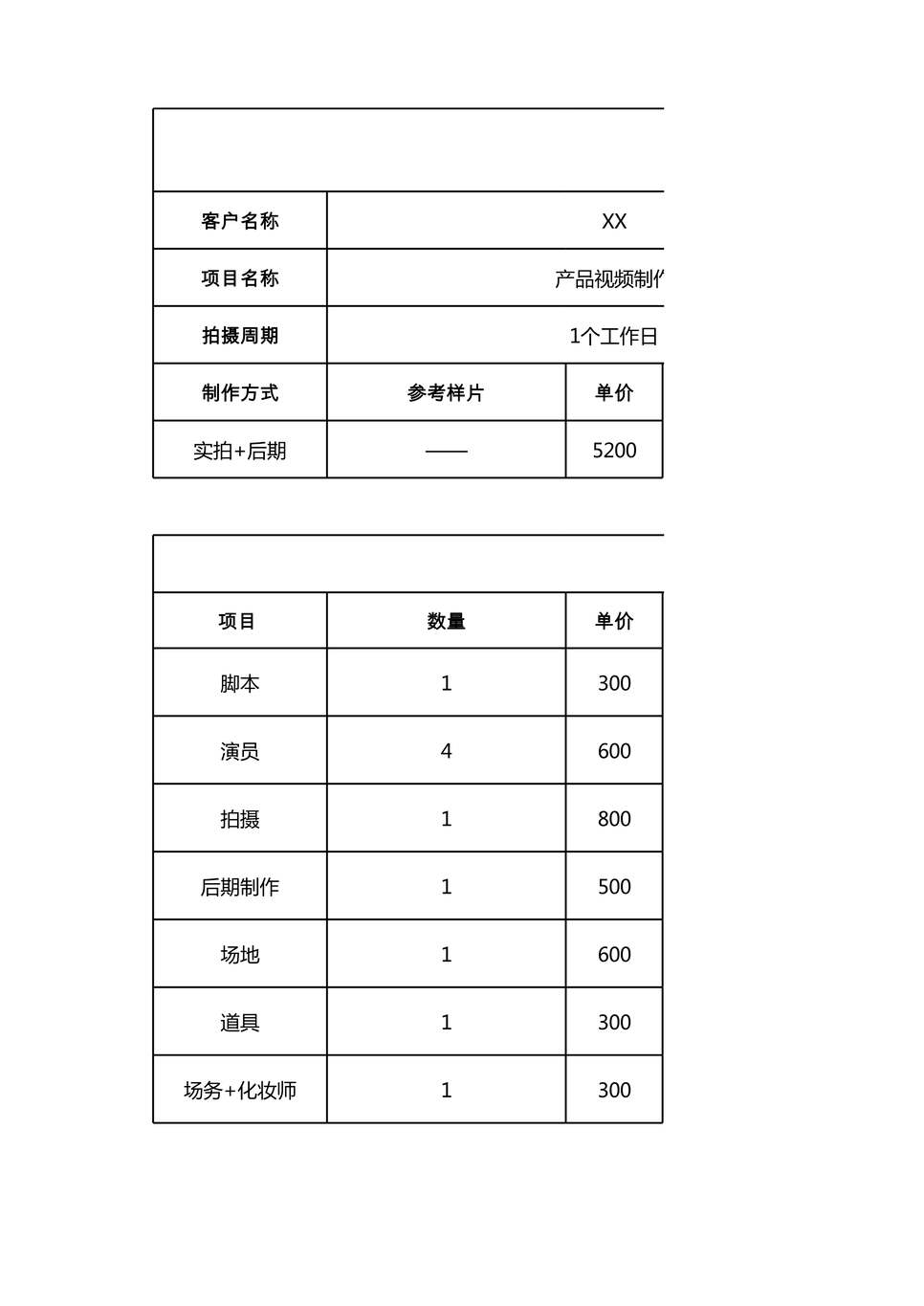 “短视频制作_单条视频报价单2XLS”第1页图片