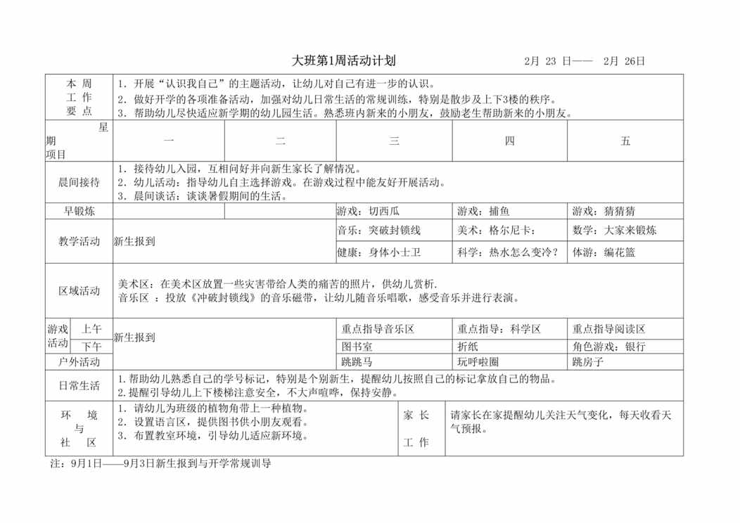 “幼儿园大班下学期周计划表DOC”第1页图片