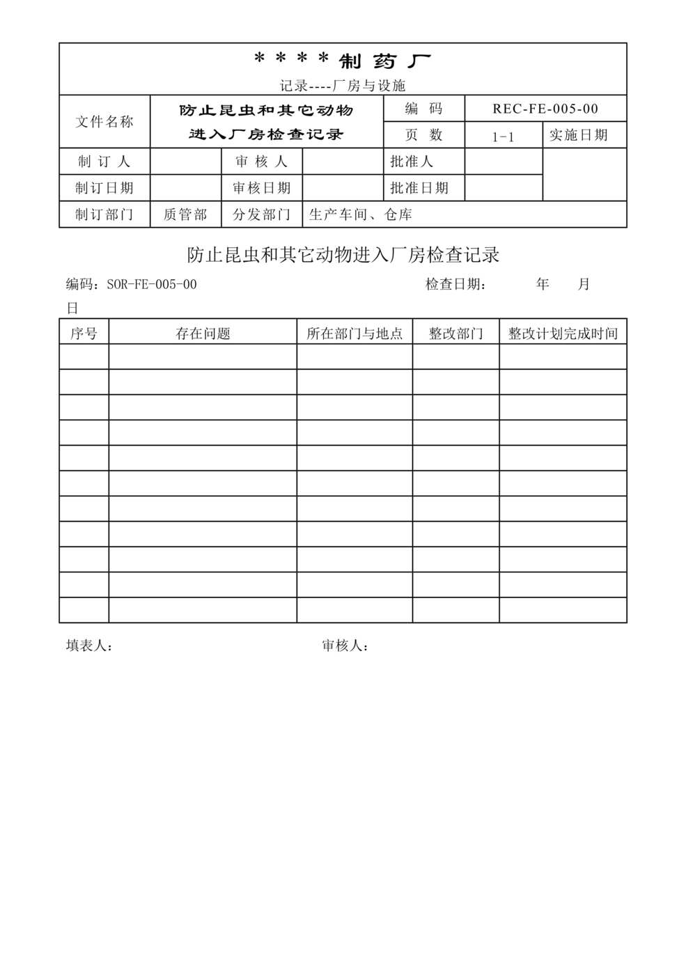 “制药厂GMP文件之防止昆虫和其他动物进入厂房检查记录DOC”第1页图片