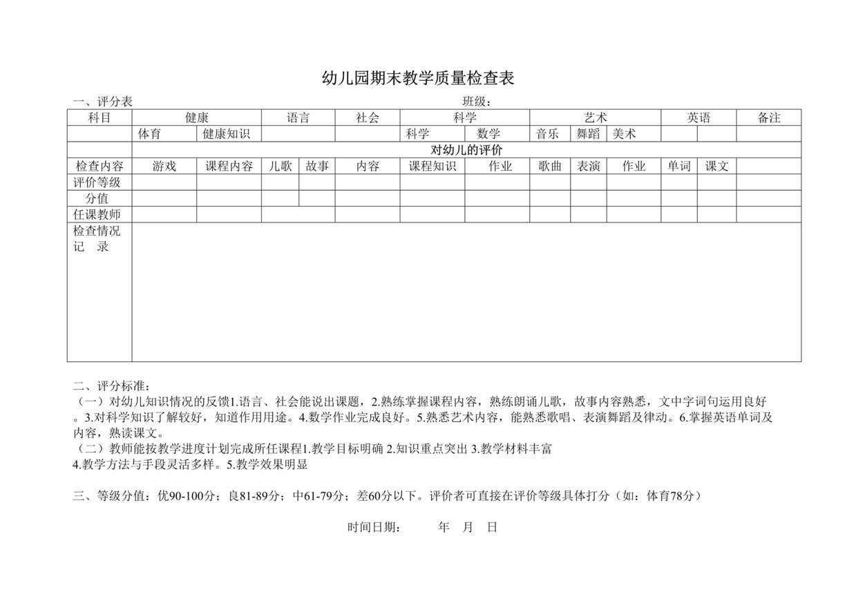 “幼儿园期末教学质量检查表DOC”第1页图片