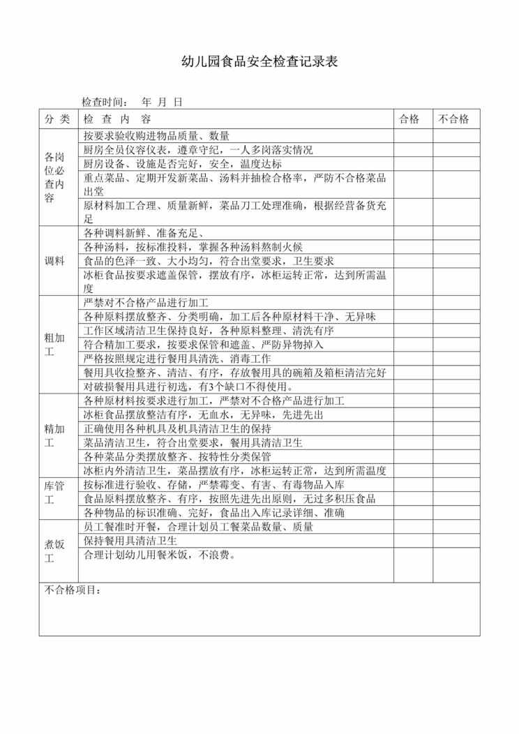 “幼儿园食品安全检查记录表DOC”第1页图片