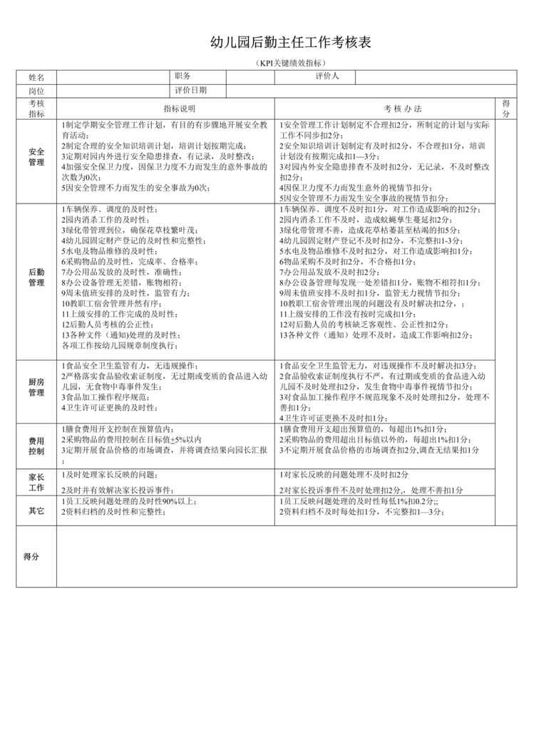 “幼儿园后勤主任工作考核表DOC”第1页图片