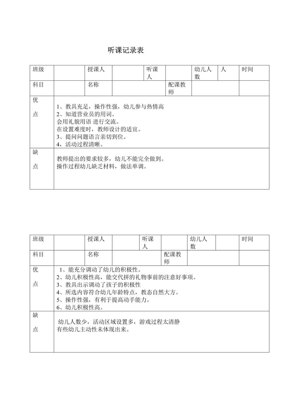 “幼儿园听课记录表写出优缺点DOC”第1页图片