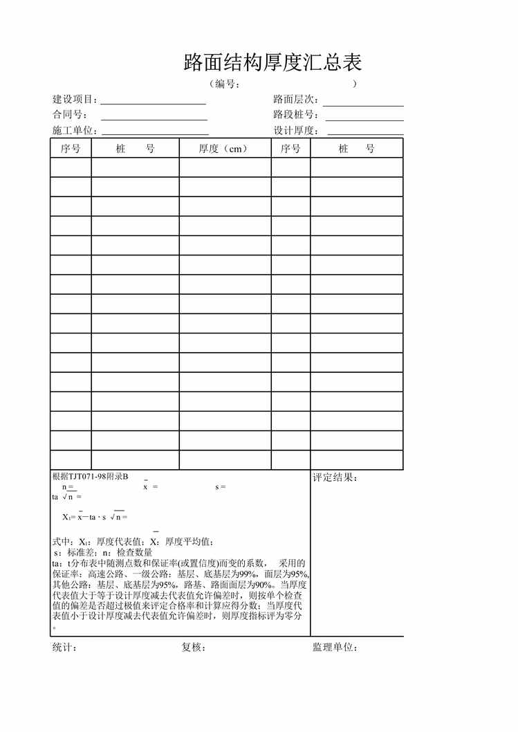 “公路桥梁路面结构厚度汇总表XLS”第1页图片