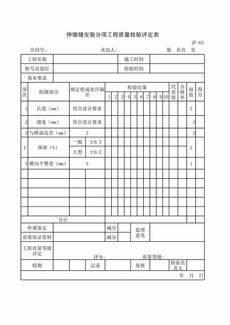 “高速公路项目缩缝安装分项工程质量检验评定表XLS”第1页图片