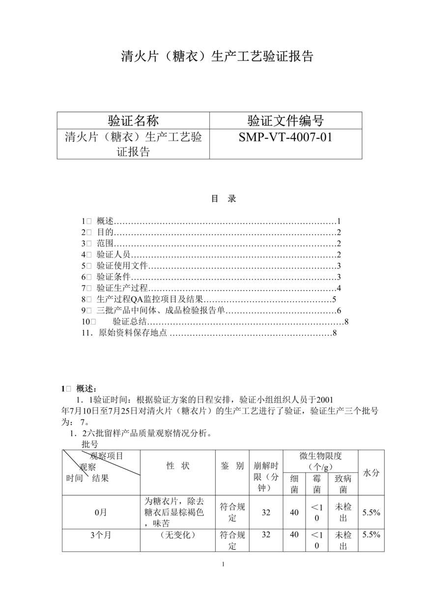 “生物制药厂清火片(糖衣)生产工艺验证报告DOC”第1页图片