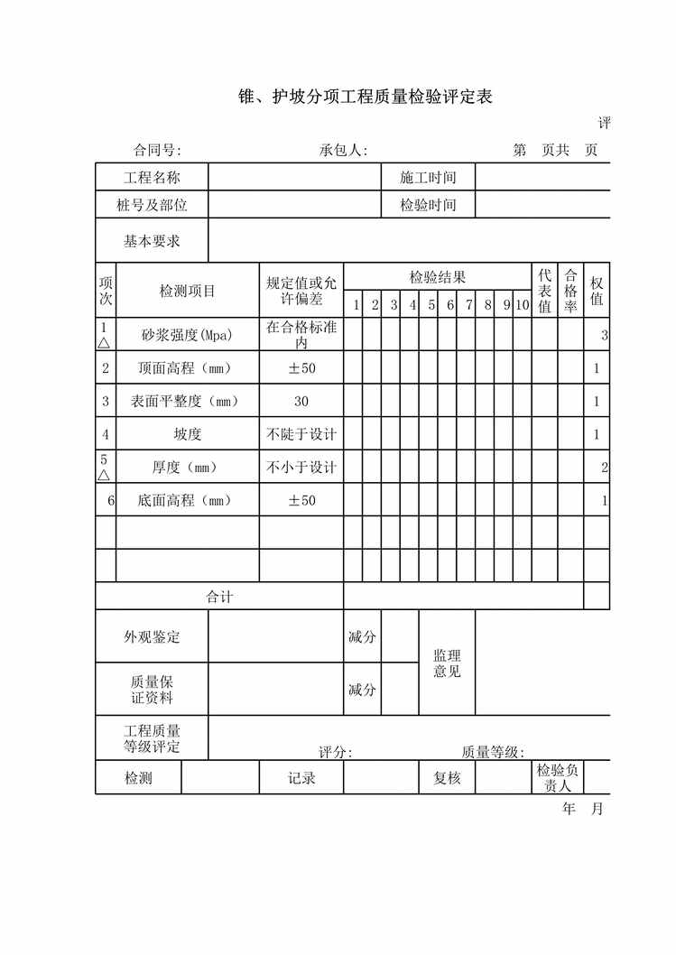 “高速公路项目、护坡分项工程质量检验评定表XLS”第1页图片