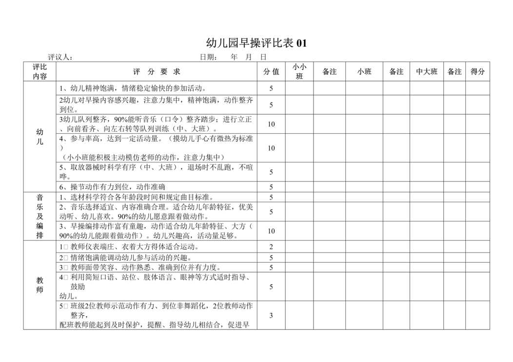 “幼儿园早操评比表DOC”第1页图片