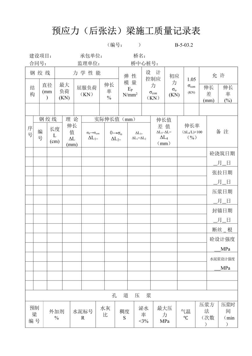 “公路桥梁预应力(后张法)梁板施工质量记录表DOC”第1页图片