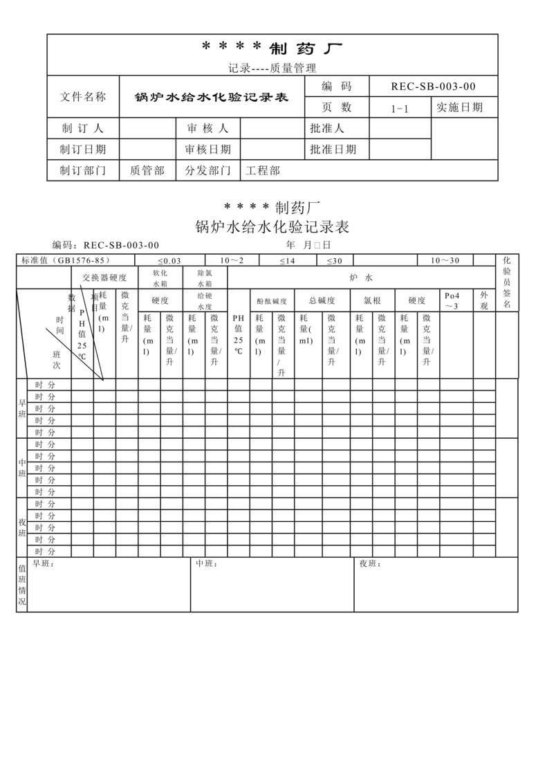 “生物制药公司(制药厂)锅炉给水化验记录DOC”第1页图片