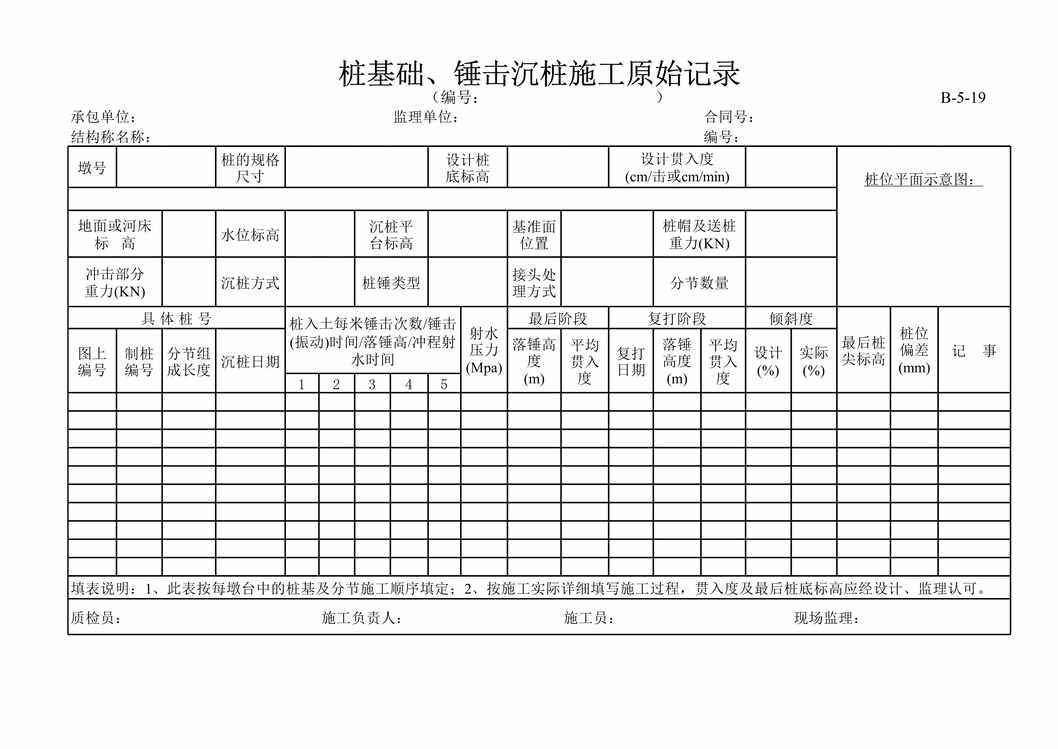 “公路桥梁桩基础、锤击沉桩施工原始记录表XLS”第1页图片