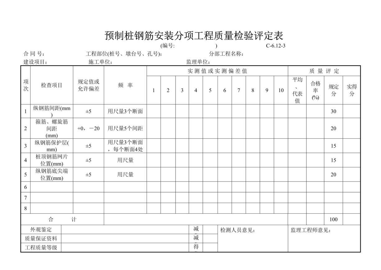 “公路桥梁预制桩钢筋安装评定表DOC”第1页图片