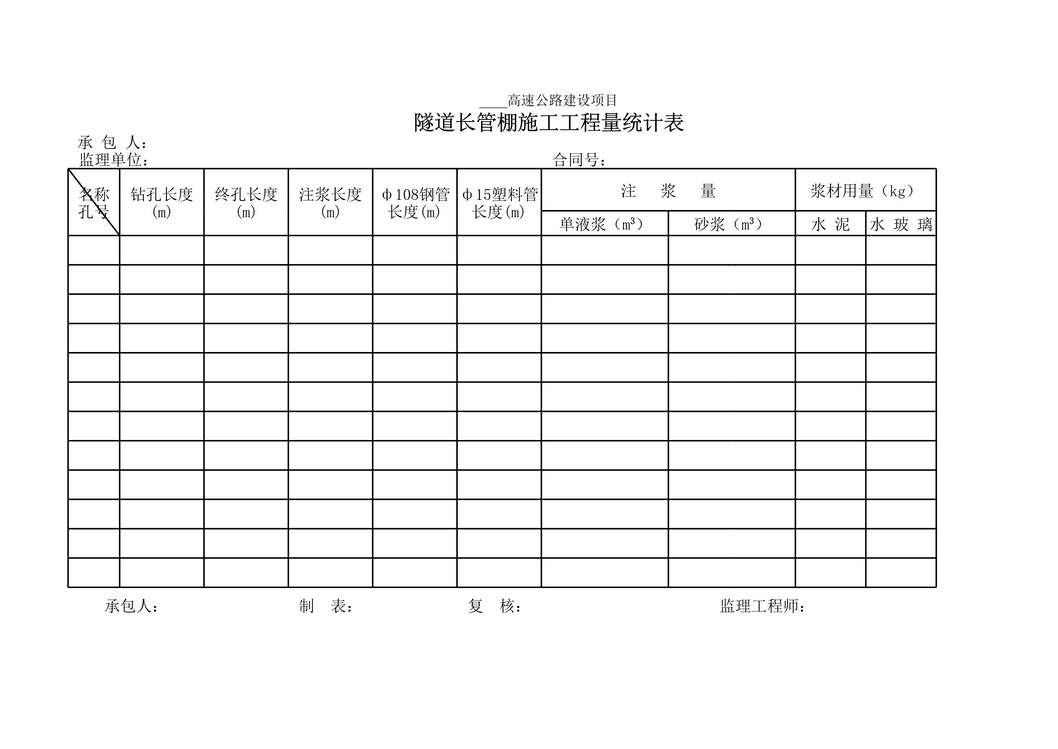 “高速公路项目隧道长管棚施工工程量统计表XLS”第1页图片