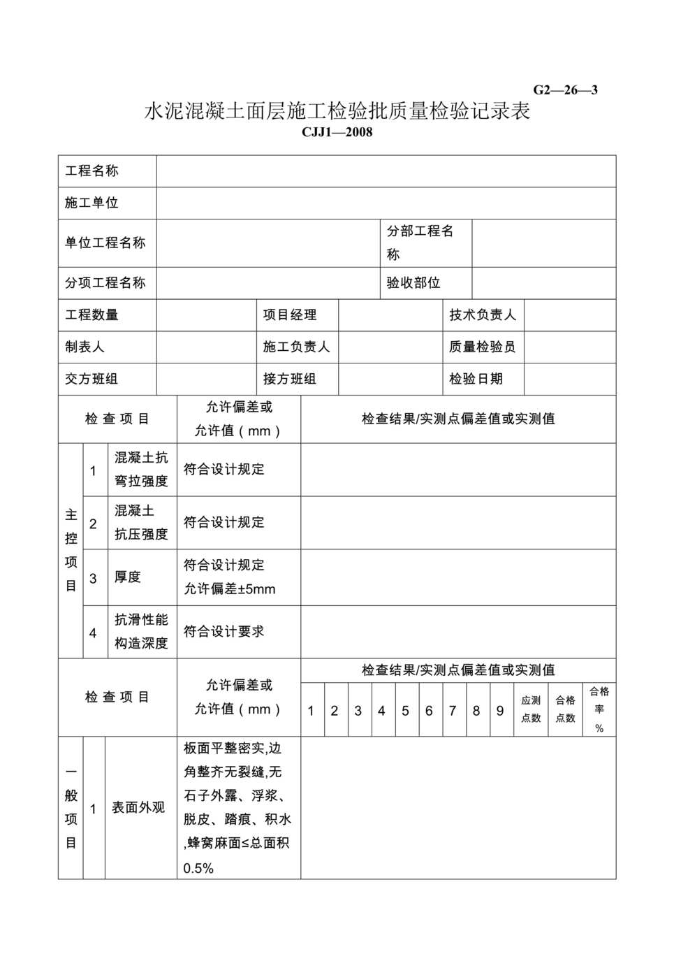 “公路桥梁水泥混凝土面层施工检验批质量检验记录表DOC”第1页图片