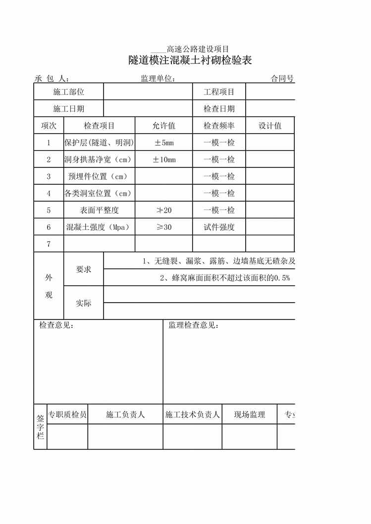 “高速公路项目隧道模注混凝土衬砌检验表XLS”第1页图片