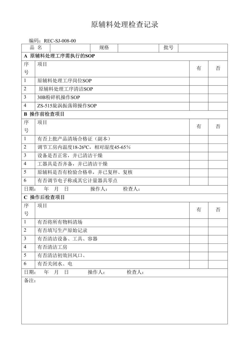 “生物制药厂GMP质量记录之原辅料处理检查记录DOC”第1页图片