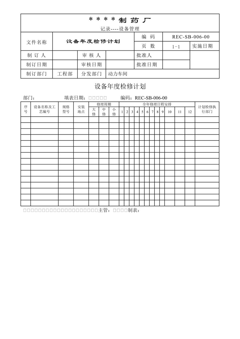 “生物制药公司(制药厂)设备年度检修计划表DOC”第1页图片