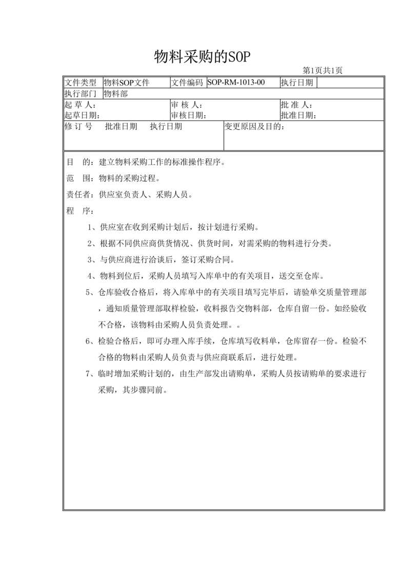 “制药厂物料管理标准操作规程之物料采购的(SOP)DOC”第1页图片