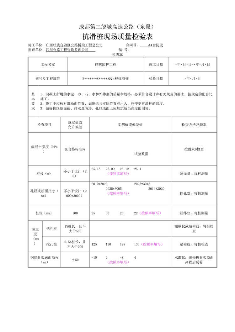 “公路桥梁抗滑桩现场质量检验表DOC”第1页图片