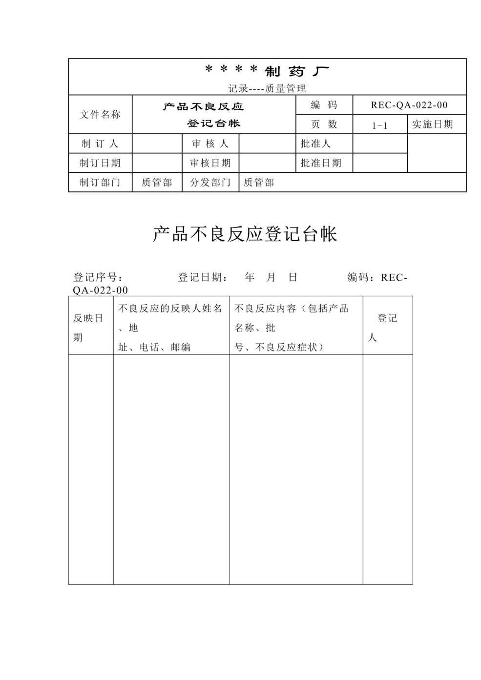 “生物制药公司(制药厂)产品不良反应登记处理台帐DOC”第1页图片