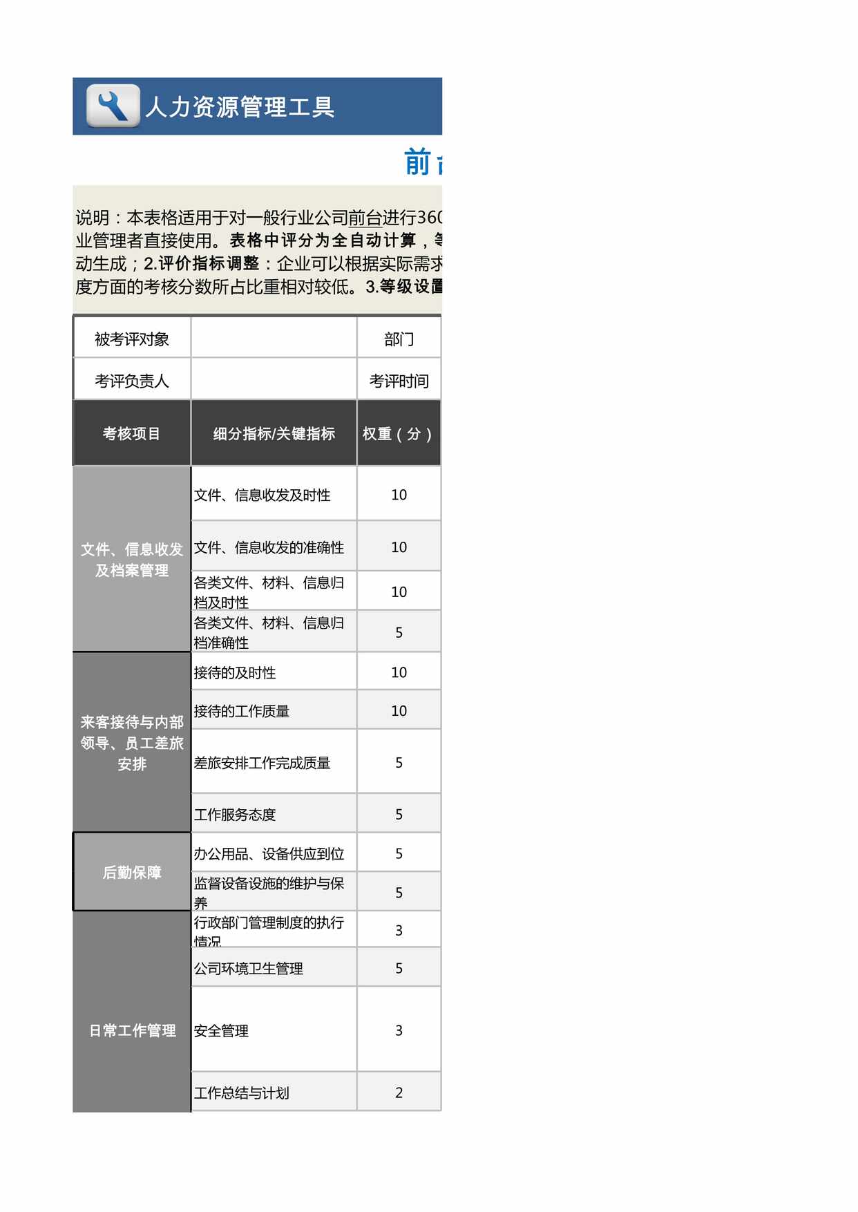 “前台绩效考核表(含自动计算、等级评价与任意设置等级)XLS”第1页图片