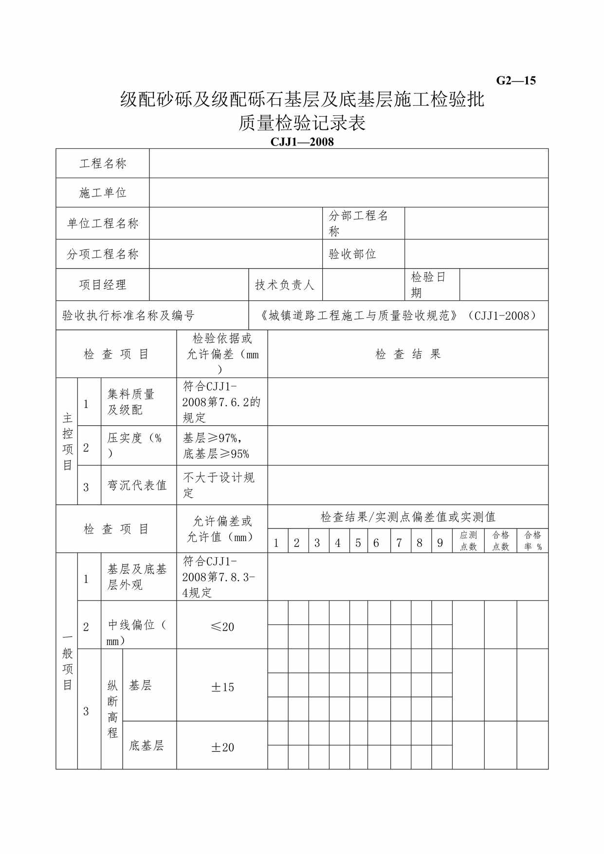 “G215级配砂砾及级配基层及底基层施工检验批质量检验记录DOC”第1页图片