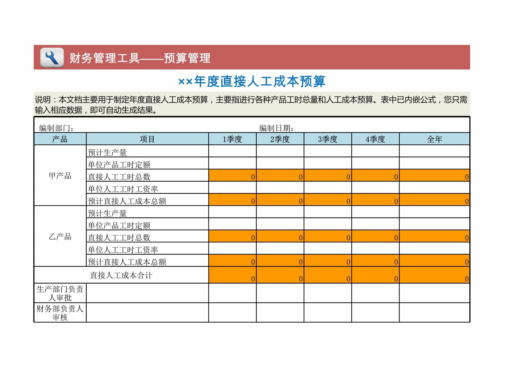 “直接人工成本预算表XLS”第1页图片