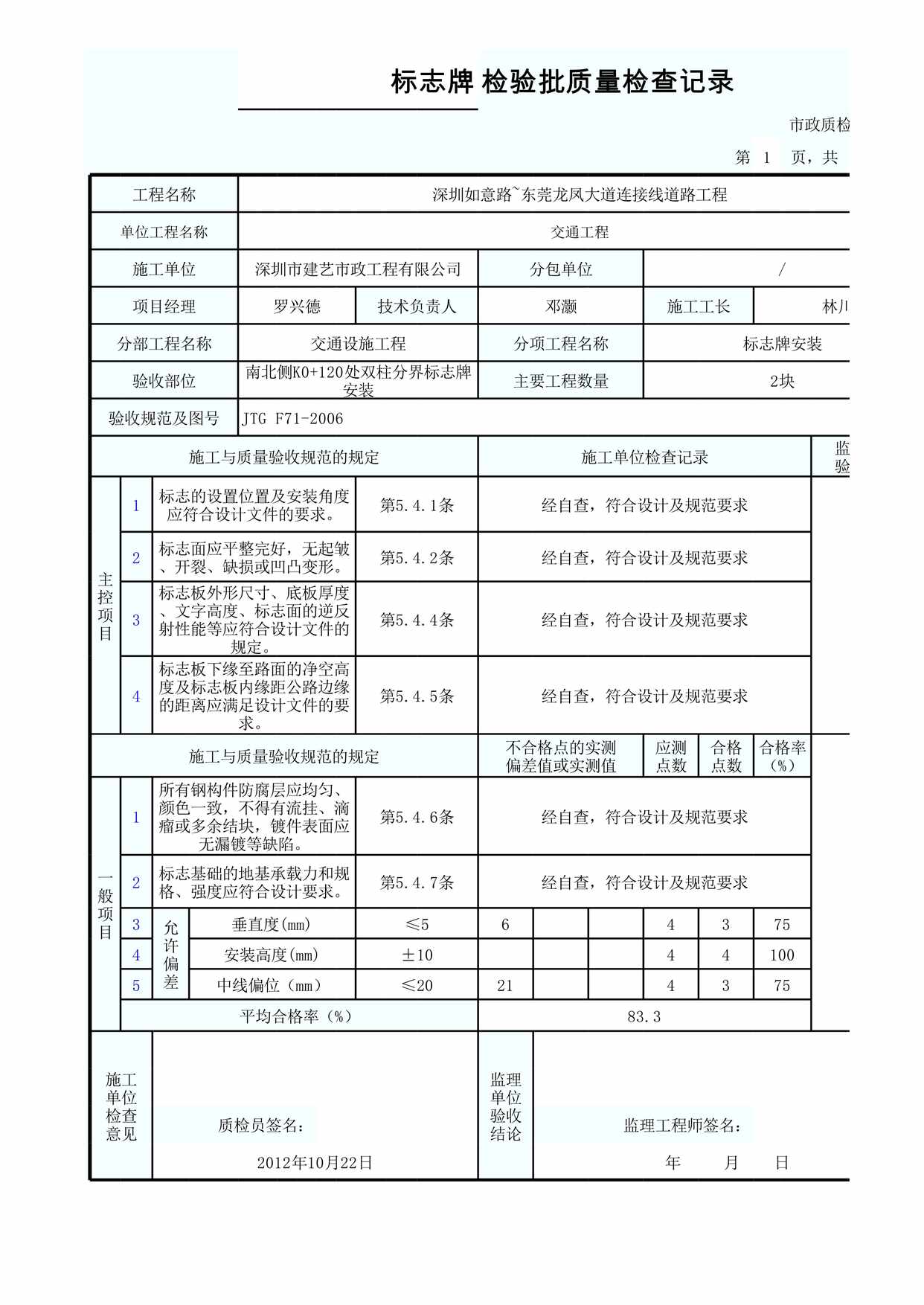 “双柱分界标志检验批质量检查记录表XLS”第1页图片