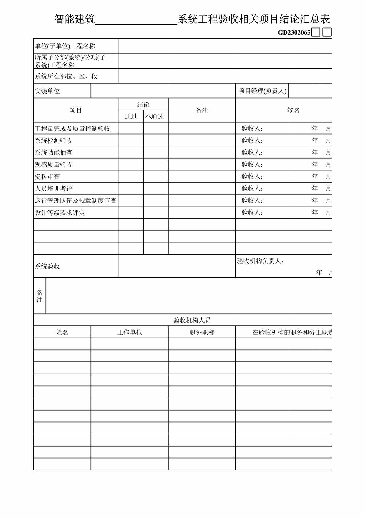 “智能建筑系统工程验收相关项目结论汇兑表XLS”第1页图片