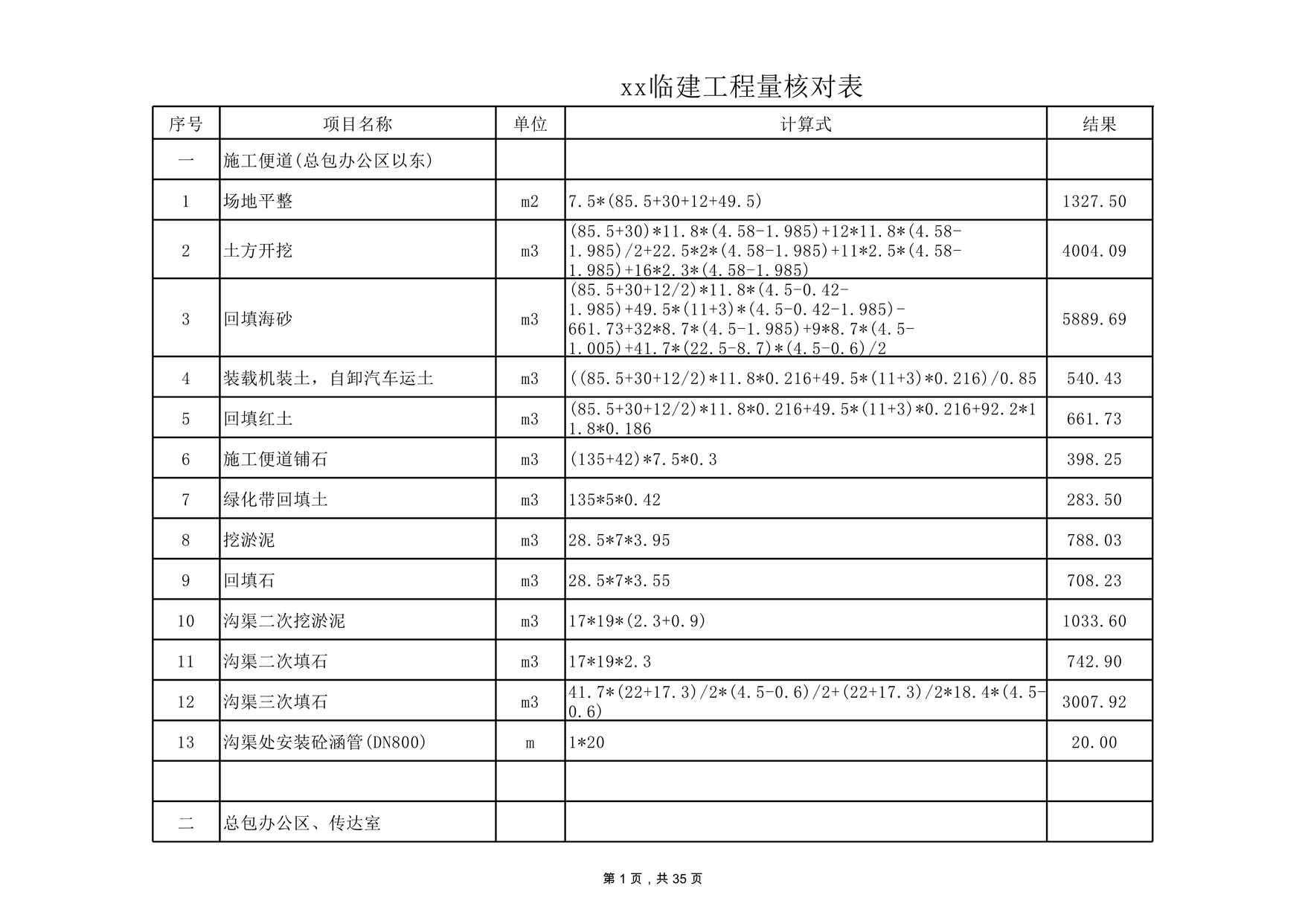 “住宅项目临建工程量计算实例计算过程XLS”第1页图片